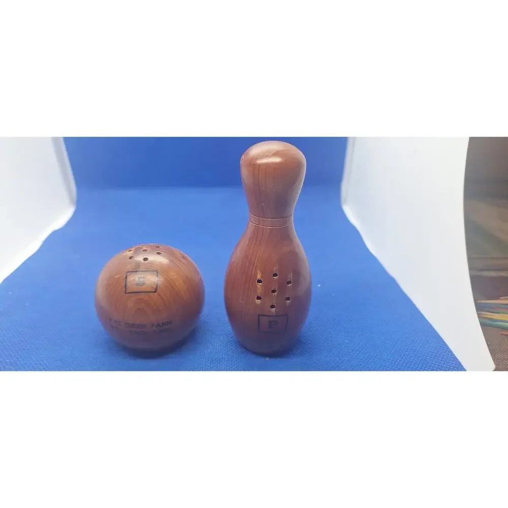 Wood Bowling Ball & Pin & Vintage Jug Salt and Pepper Shakers